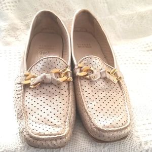 Gold driving loafer shoes. Narrow width.
